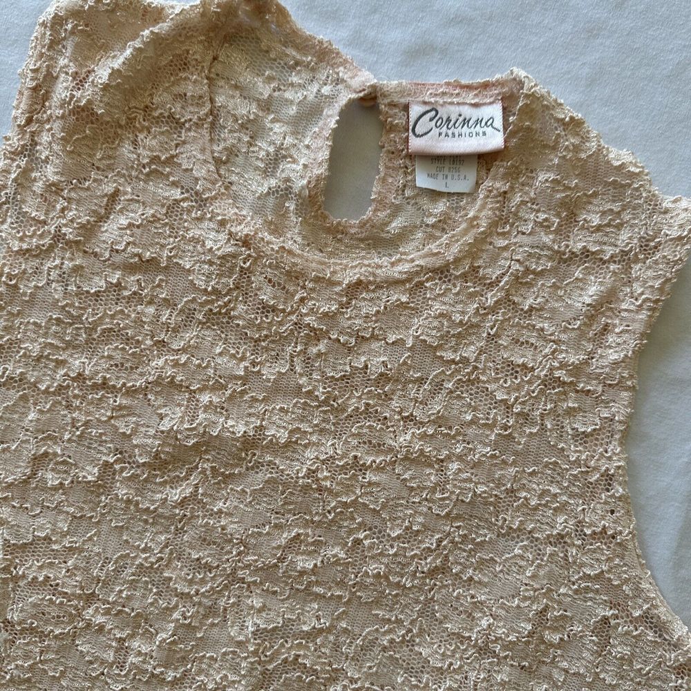 Vintage Corinna Fashions‎ Women's Large Ta Top Lace Peach Stretch USA